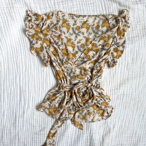 Max Studio Floral Wrap Blouse Flutter Sleeve Tie Waist Cream Women’s M cottage